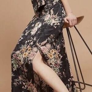 Anhropologie Maeve Skirt 2 Black Floral Maxi Silky 90s Side Slit Retro